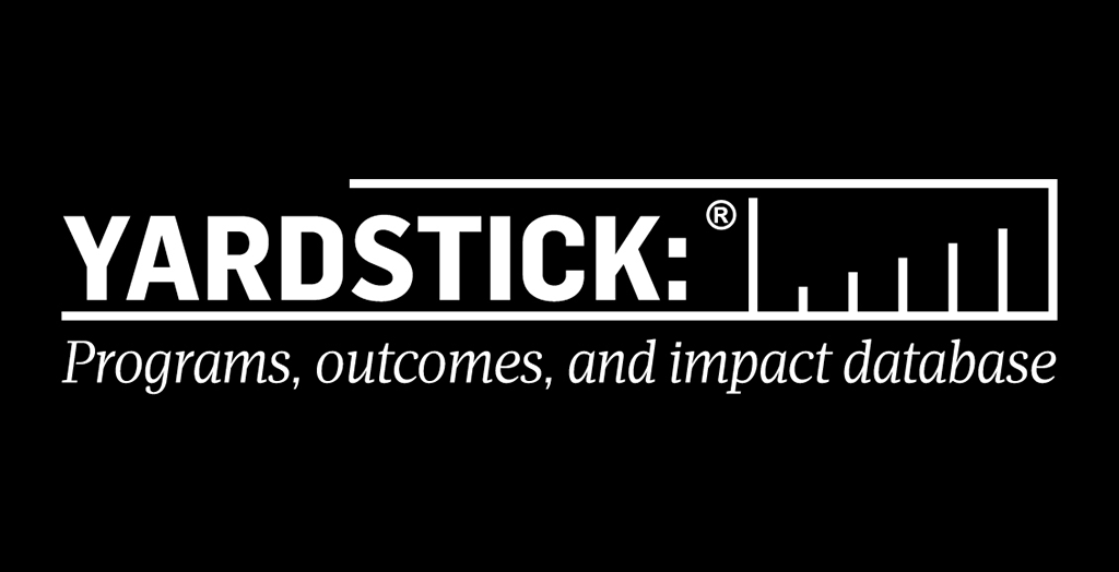 A black and white image displays the text 'Yardstick' intertwined with a ruler graphic. The text 'Programs, outcomes, and impact database' sits underneath.