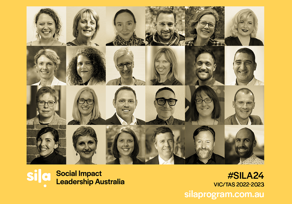 A yellow and black grid of 24 photos of people who make up Cohort Two of the Social Impact Leadership (SILA) Program. The SILA logo is included, along with silaprogram.com.au, #SILA24 and Vic/Tas 2022-2023.