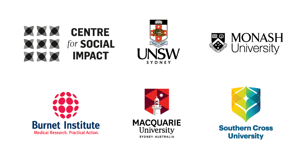 Logo Lockup of the Centre for Social Impact, UNSW Sydney, Monash University logos above the Burnet Institute, Macquarie University and Southern Cross logos respectively.